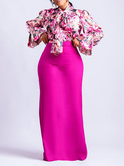 Long Sleeves Printed Blouse + Split-back Color Skirt Two Pieces Set