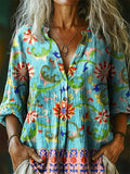 Women's Vintage Ethnic Floral Art Print Casual Cotton Linen Shirt