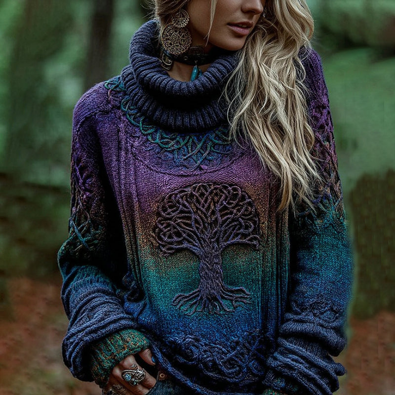 Women's Viking Tree Of Life With Celtic Knot Art Gradient Turtleneck Cozy Knit Sweater elevenforest