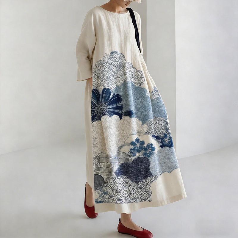 Comstylish Women's Japanese-style Linen Dress With Geometric And Floral Patterns
