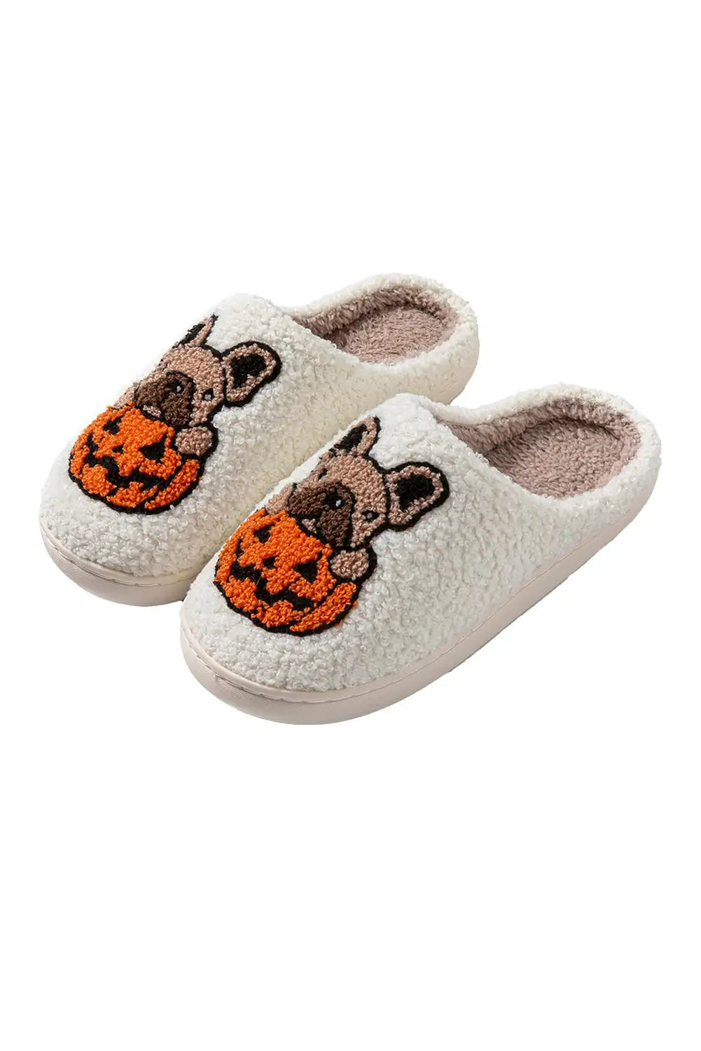 White Halloween Fuzzy Dog Pumpkin Slippers