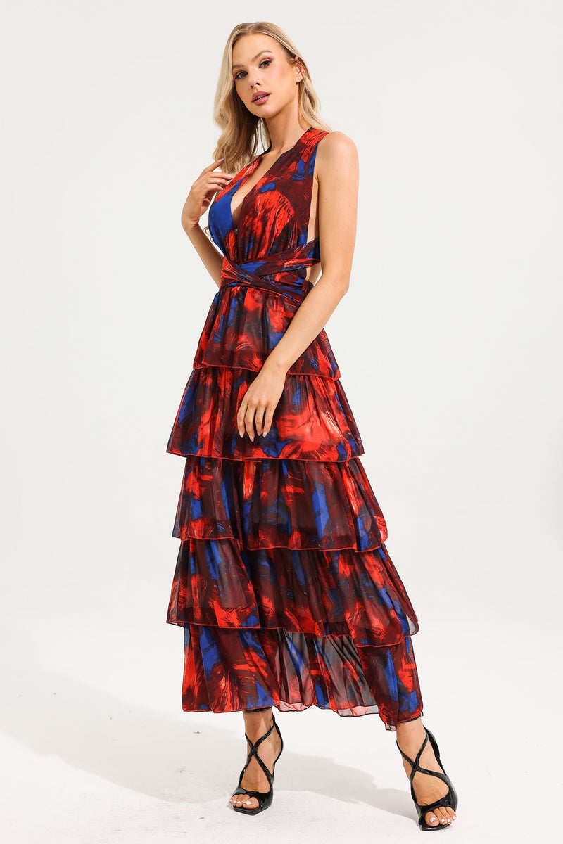 Watercolor Print Halterneck Tiered Maxi Dress