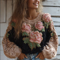 Women's Vintage Pink Floral Round-neck Sweater elevenforest