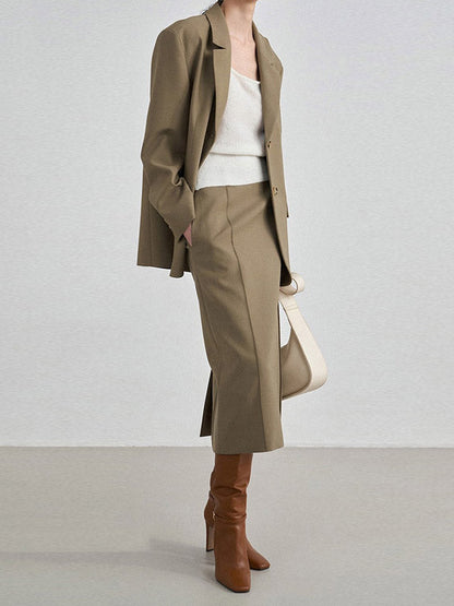 Loose Buttoned Color Long Sleeves Lapel Blouses&shirts Tops + Skirts Bottom + Notched Collar Blazer Outerwear Three Pieces Set