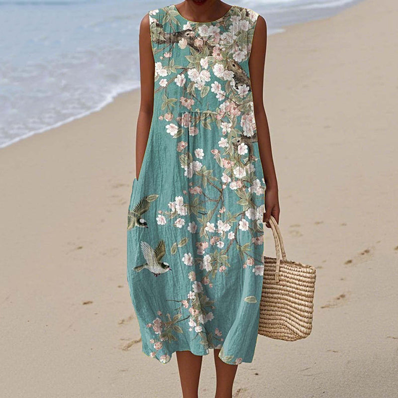 Women's Vintage Floral Birds Art Print Sleeveless Dress elevenforest