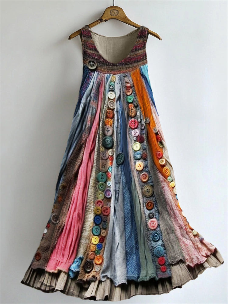 Boho Colorful Textile Flowy Linen Blend Tank Dress elevenforest