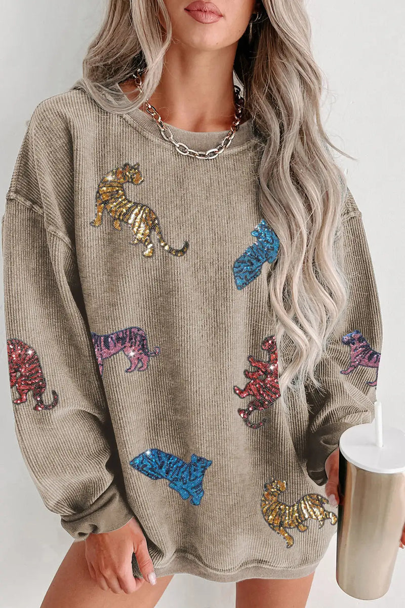 Khaki Sequin Animal Print Sweatshirt