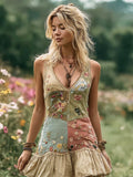 Boho Floral Patchwork Embroidery Women's Linen V Neck Vest Mini Dress elevenforest