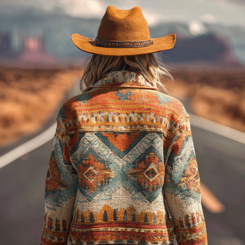Bohemian Western Style Navajo Totem Geometric Pattern Lapel Long-sleeved Jacket elevenforest