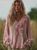 Bohemian Retro Countryside Plant Flower Pattern V-neck Top elevenforest