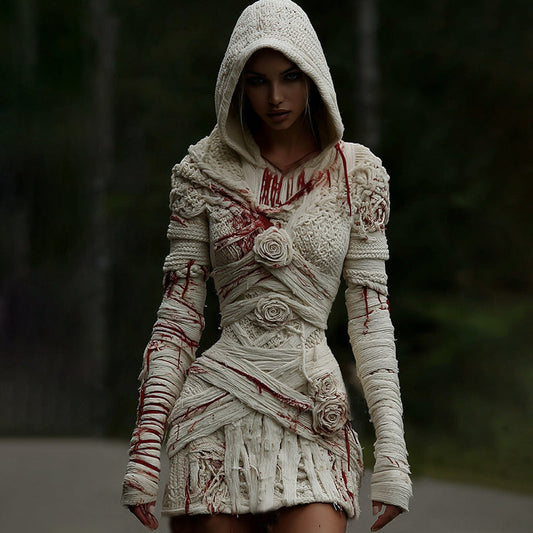 Women's Halloween Muscle Anatomy Bandage With Rose Art Cozy Knit Hooded Sweater Dress artswardrobe