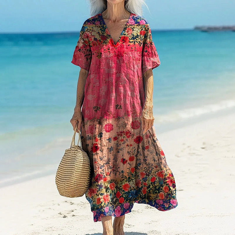 Women's Beach Vacation Vintage Floral Print V-neck Casual Flowy Midi Dress elevenforest