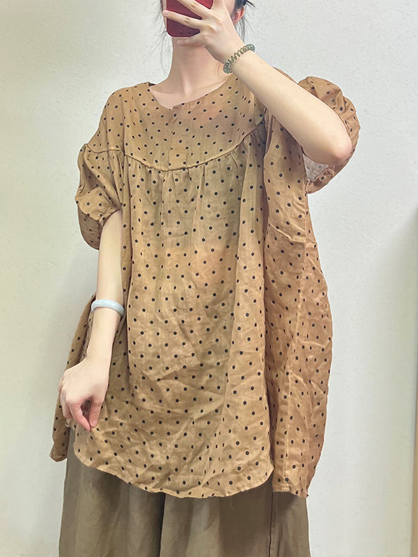 Loose Half Sleeves Polka-dot Split-joint Round-neck Blouses&shirts Tops
