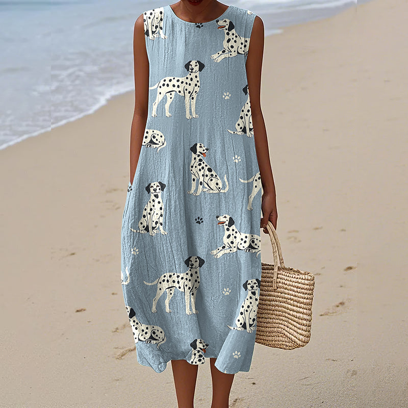 Comstylish Retro Cute Dalmatian Dog With Paw Prints Linen Tank Midi Dress