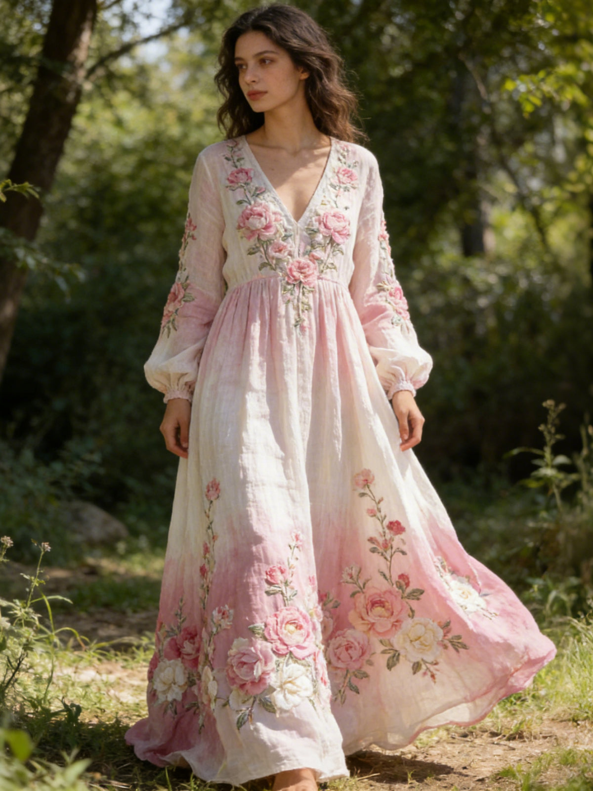 Vintage Boho Print V Neck Long Sleeve Flowy Maxi Dress elevenforest