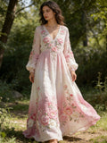 Vintage Boho Print V Neck Long Sleeve Flowy Maxi Dress