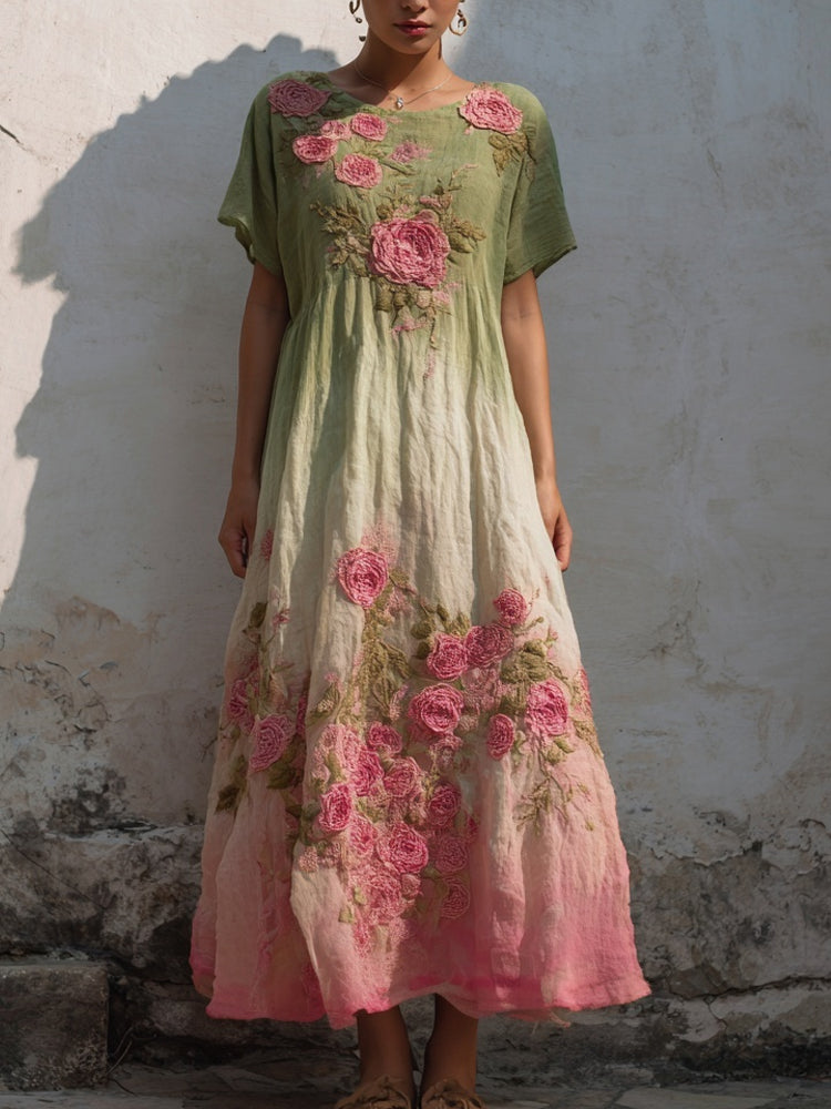 Vintage Pink Rose Embroidered Gradient Linen Maxi Dress elevenforest