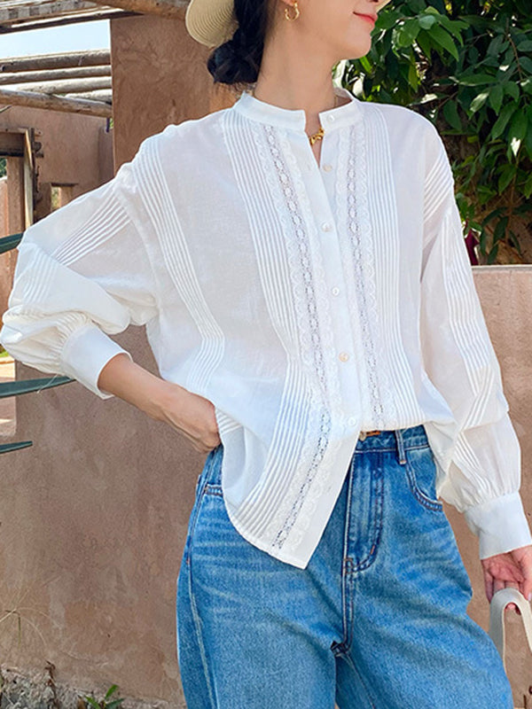 Long Sleeves Loose Buttoned Pleated Color Split-joint Stand Collar Blouses&shirts Tops