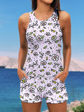 Vintage Floral Print Halter Ruffle Ruched Jacquard Tankini Short Set