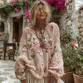 Women's Boho Floral Chunky Knit Crew Neck Sweater