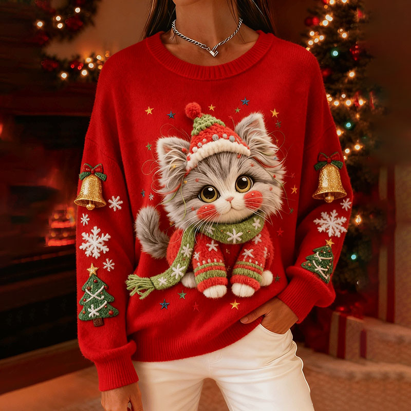 Women's Christmas Cute Cat Art Knit Sweater elevenforest