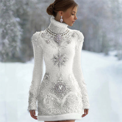 Classy Christmas Snowflakes Jewel Art Cozy Turtleneck Sweater Dress artswardrobe