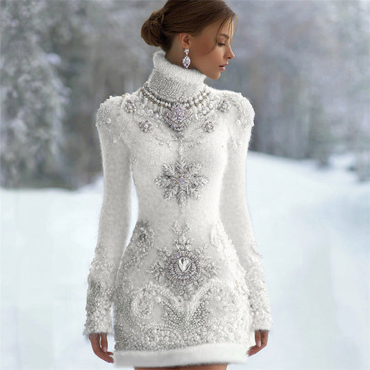 Classy Christmas Snowflakes Jewel Art Cozy Turtleneck Sweater Dress artswardrobe