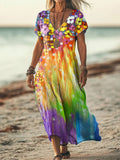Women's Colorful Oil Painting Floral Print Linen Blend Dress elevenforest
