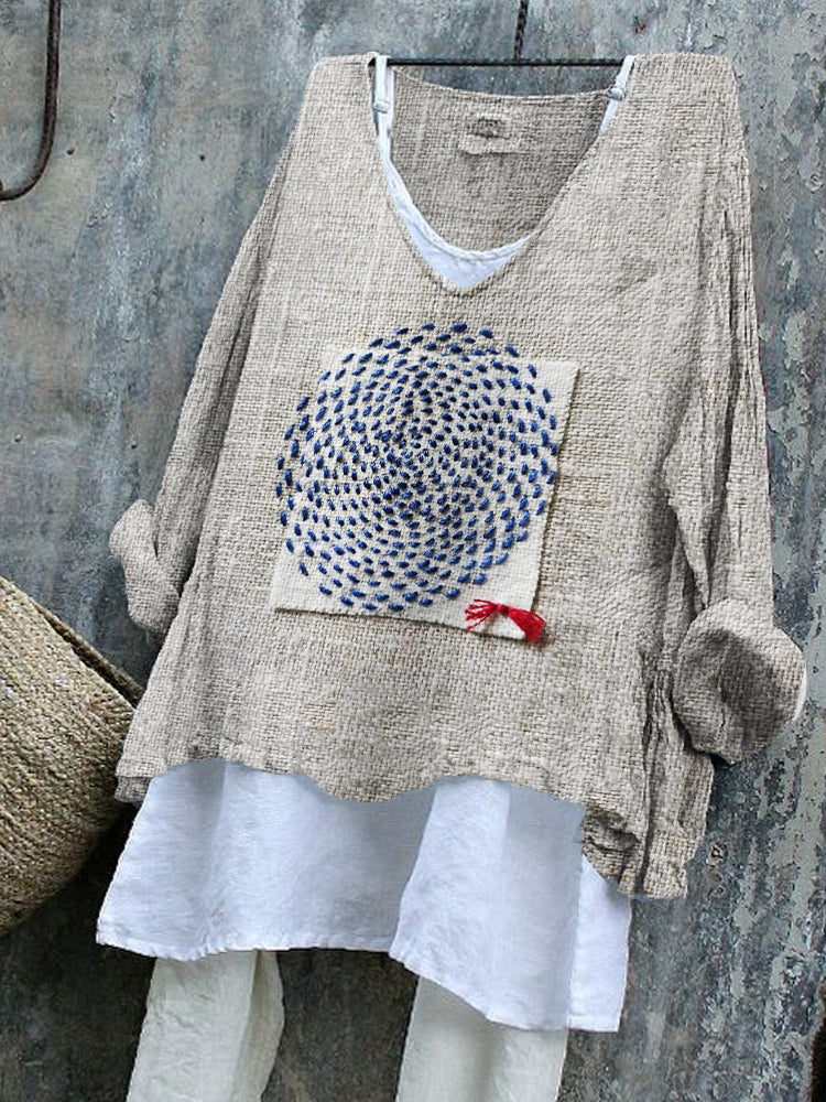 Geometric Japanese Sashiko Fiber Art Linen Blend Tunic elevenforest