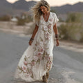 Women's Classic Romantic Pink Rose Embroidery Art Comfy Linen Midi Dress elevenforest