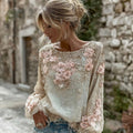 Women's Vintage Pink Flower Embroidery Art Long Sleeve T-shirt elevenforest
