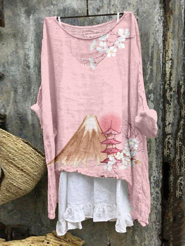 Mount Fuji and Cherry Blossoms Art Linen Blend Flowy Tunic elevenforest
