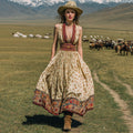 Women's Vintage Western Floral Ethnic Print V-neck Sleeveless Maxi Dress elevenforest