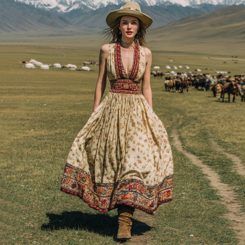 Women's Vintage Western Floral Ethnic Print V-neck Sleeveless Maxi Dress elevenforest