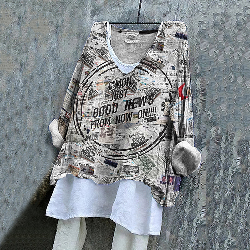 Comstylish Vintage Newspaper Headline Spliced ​​linen T-shirt
