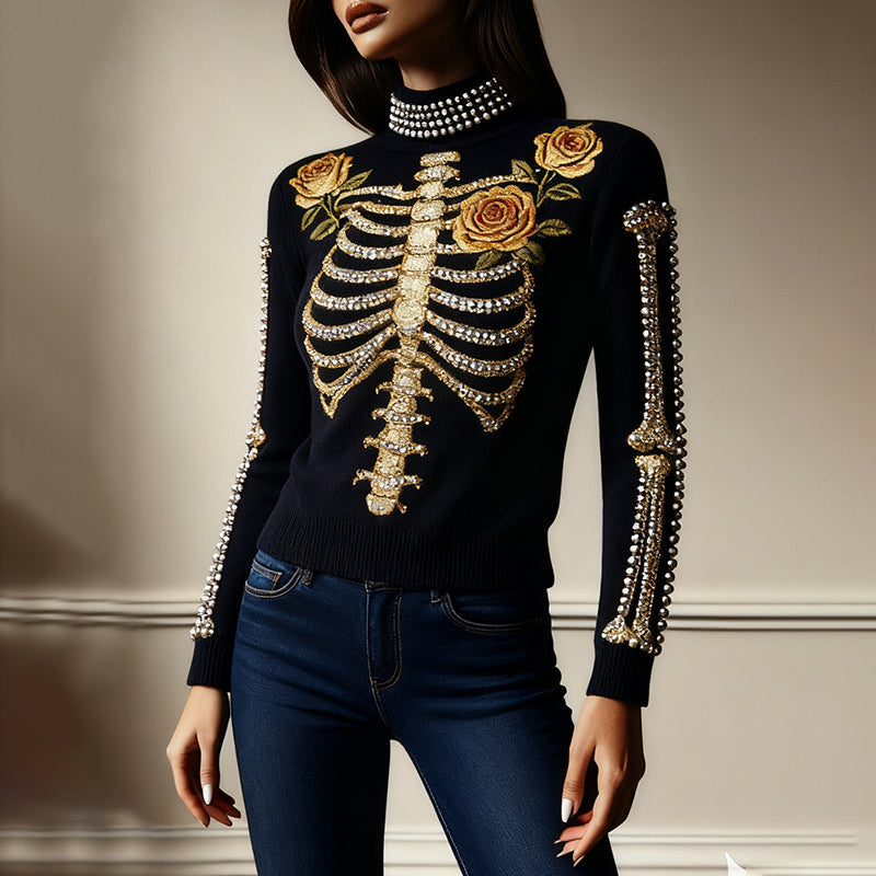 Comstylish Women's Halloween Yellow Rose Skeleton High Neck Cozy Sweater