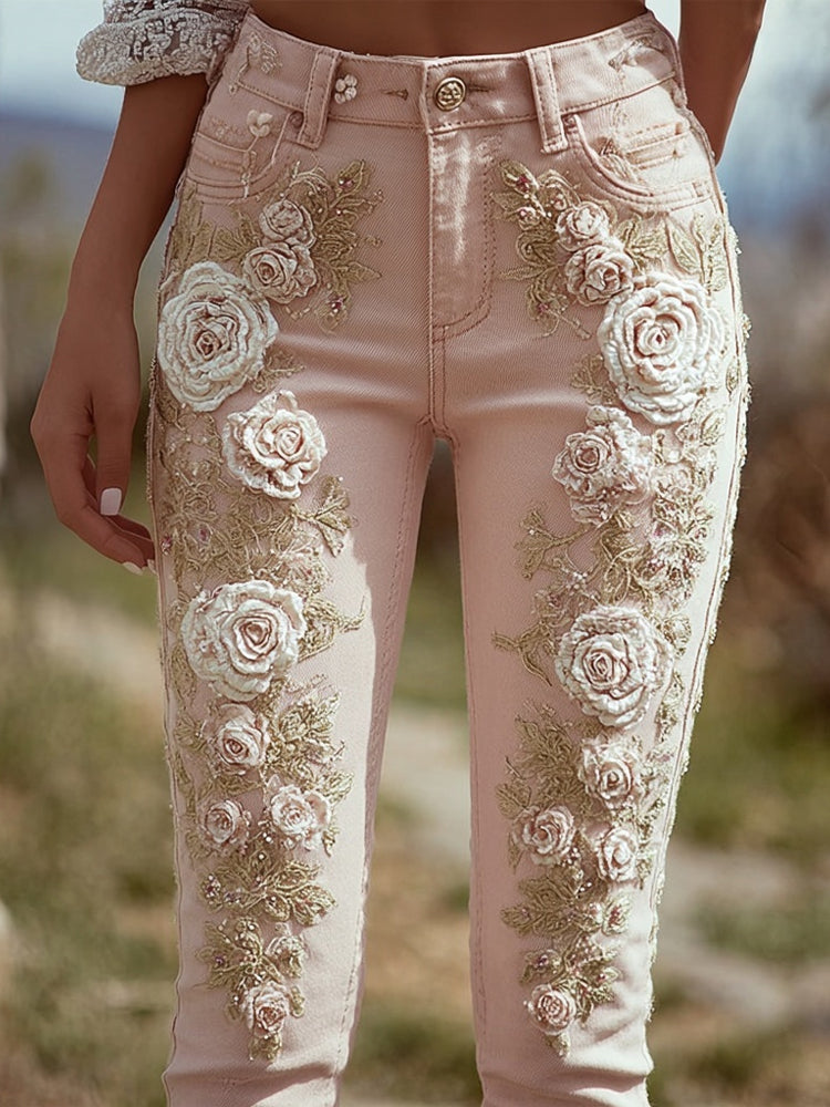 Vintage White Roses Glitter Embroidered Pink Skinny Jeans elevenforest