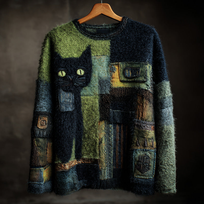 Comstylish Women's Casual Vintage Halloween Black Cat Embroidered Sweater