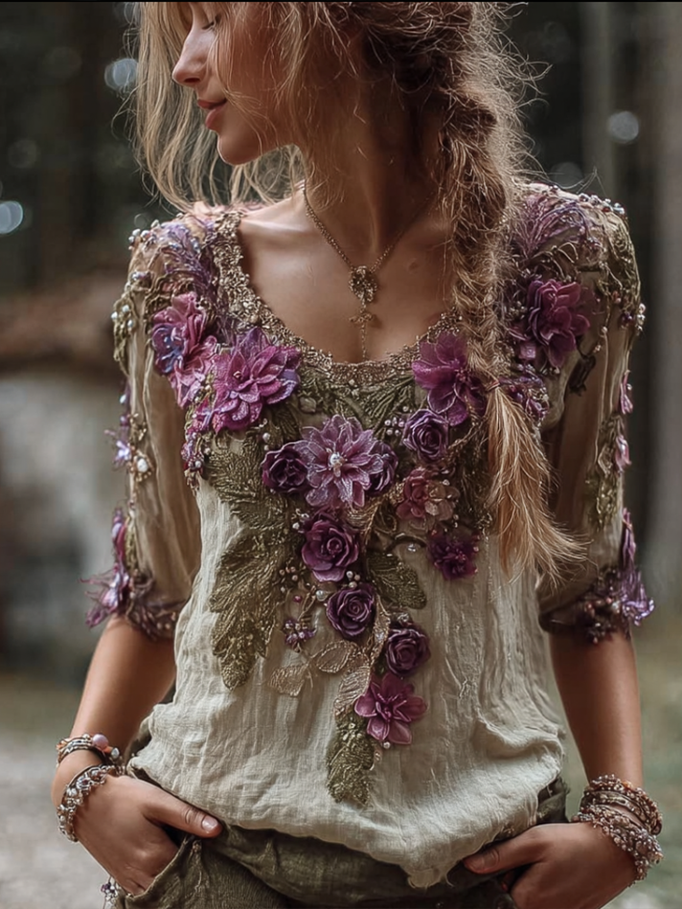 Bohemian Style Round Neck Long Sleeve 3d Purple Flower Design Cotton And Linen Top For Women elevenforest