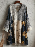 Japanese Art Retro Style Plant And Flower Pattern Patchwork Design V-neck Cotton And Linen Dress elevenforest
