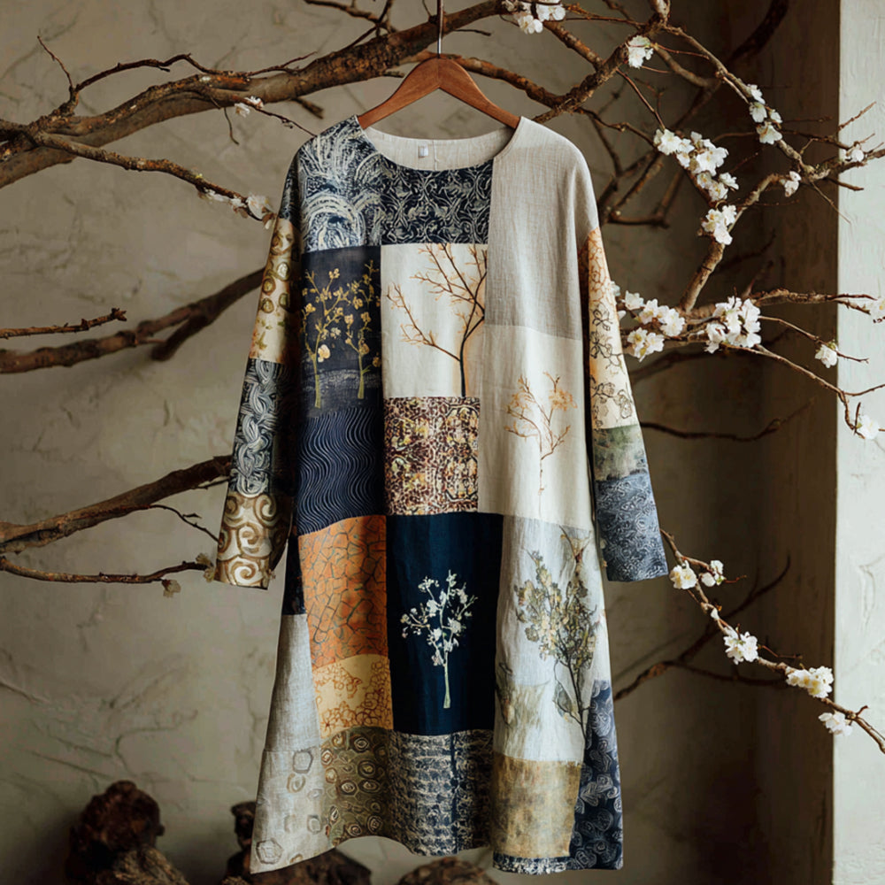 Vintage Japanese Floral Patchwork Linen Round Neck Dress elevenforest
