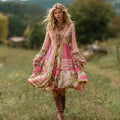 Women's Retro Rose Striped Casual Linen Short Dress elevenforest