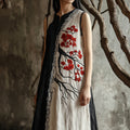 Women's Cherry Blossom Embroidery Lace Patchwork Art Linen Tank Dress elevenforest