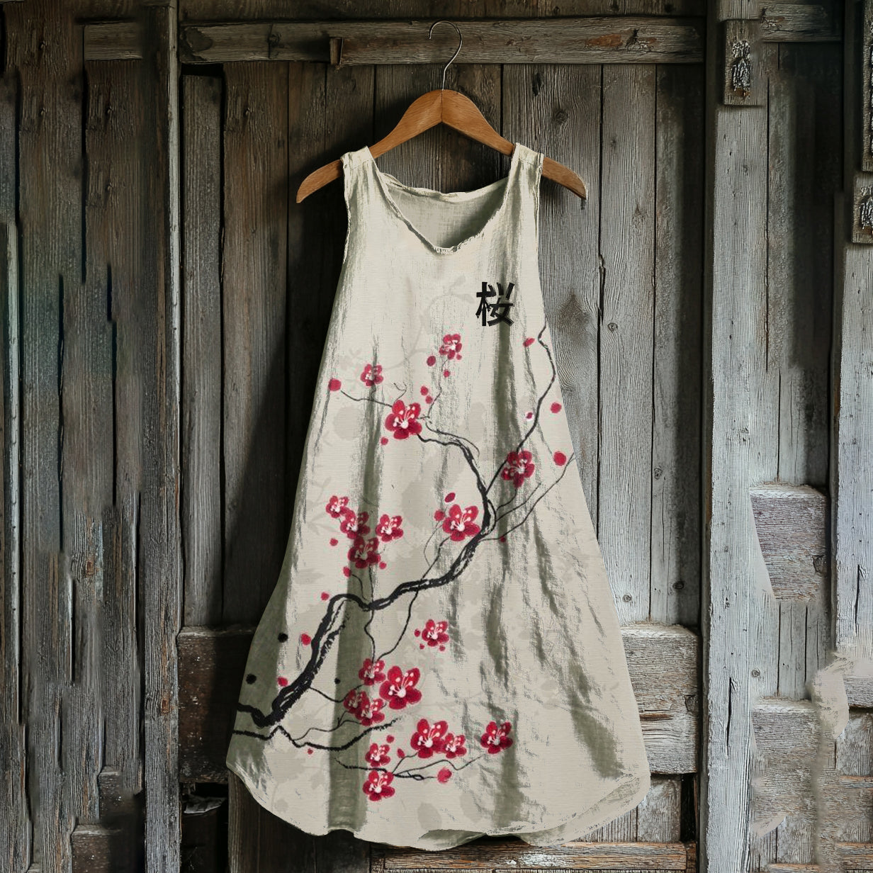 Vintage Cherry Blossom Art Linen Blend Tank Dress elevenforest