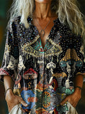 Women's Hippie Mushroom Art Print Casual Cotton And Linen Shirt
