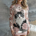 Women's Cute Cat With Rose Art Cozy Knit Mini Sweater Dress