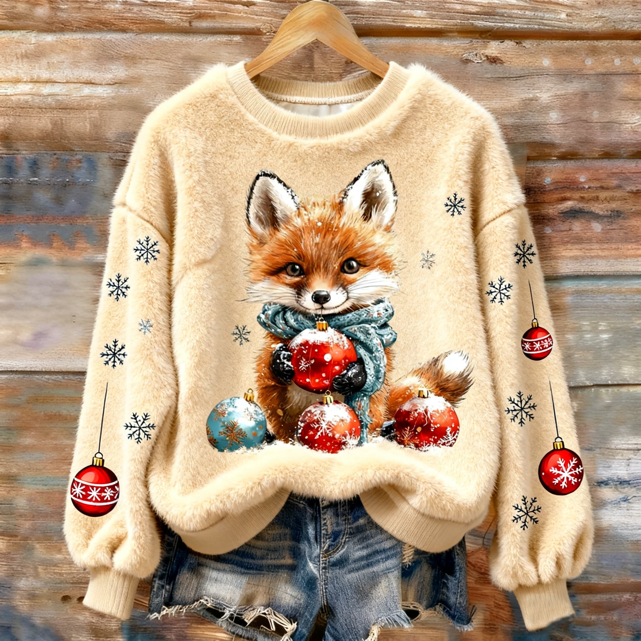Comstylish Vintage Christmas Cute Fox Art Women's Cozy Plush Sweater