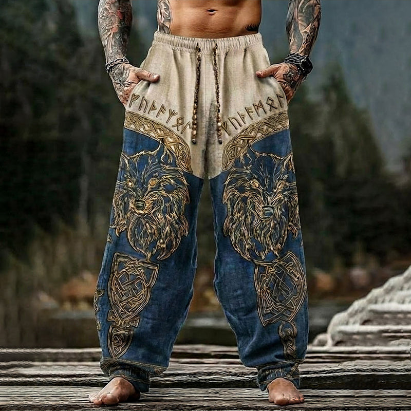 Men's Retro Viking Wolf Art Print Casual Pants elevenforest