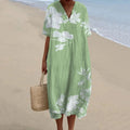 Women's Floral Art V-neck Cotton Linen Comfy Maxi Dress elevenforest