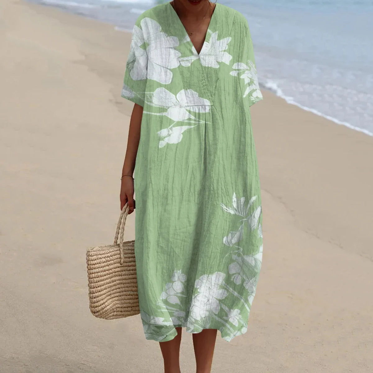 Women's Floral Art V-neck Cotton Linen Comfy Maxi Dress elevenforest
